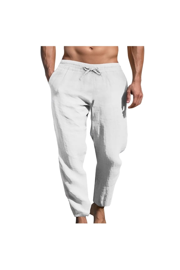 Mens Linen Pants Casual Summer Holiday Beach Pants Solid Drawstring Waist Fitted Trousers With Pocket Slacks B-White