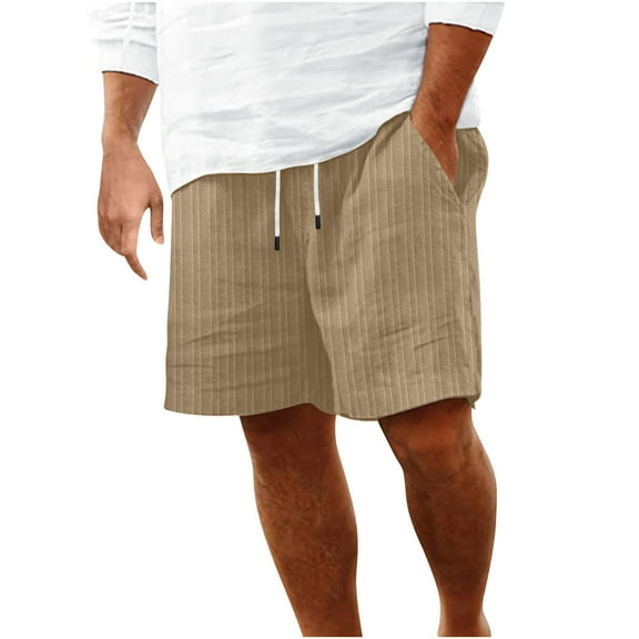 Wyobmus Mens Linen Shorts Casual Elastic Waist Drawstring Mid Length Shorts Summer Beach Vacation Shorts With Pocket S-3X A-Khaki