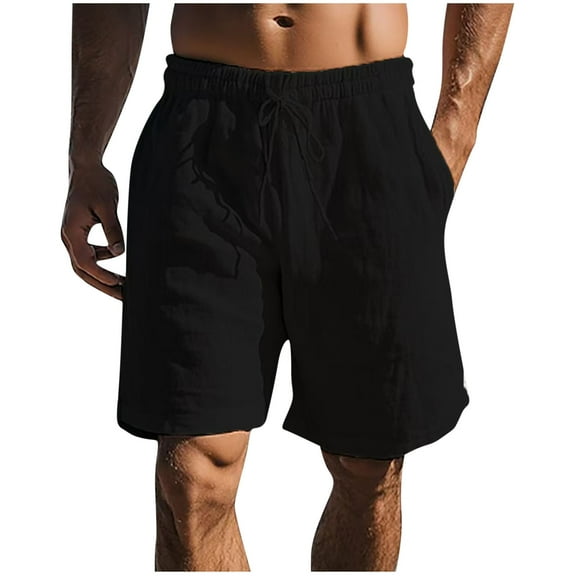 Wyobmus Mens Linen Summer Shorts Solid Color Drawstring Elastic Waist Short Lightweight Summer Beach Vacation Bermuda Shorts S-3X Black