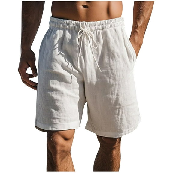 Wyobmus Mens Linen Summer Shorts Solid Color Drawstring Elastic Waist Short Lightweight Summer Beach Vacation Bermuda Shorts S-3X White