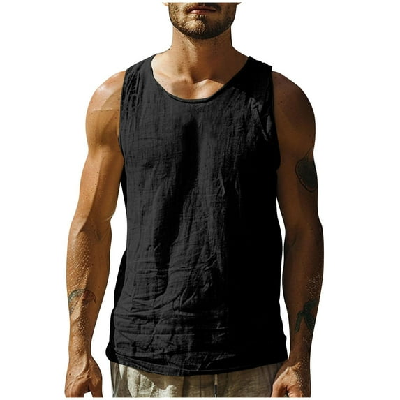 Wyobmus Mens Linen Tank Tops Moisture Wicking Sleeveless Crew Neck Gym Workout Top Casual Bodybuilding Basic Tees Black