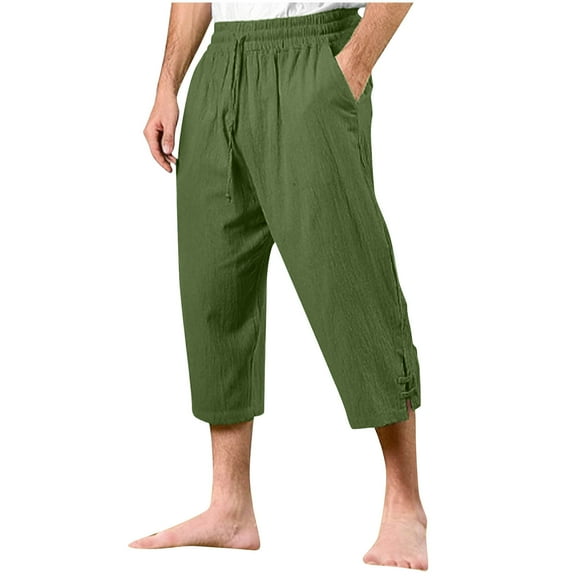 Wyobmus Mens Linnen Capri Pants Casual Lightweight 3/4 Straight Pants Drawstring Elastic Waist bottom Tie Summer Beach Pants S-3X Green