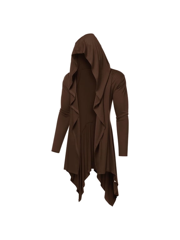 Mens Long Hooded Cardigan Ruffle Shawl Collar Open Front Lightweight Long Sleeve Drape Cape Overcoat Robe with Pockets Brown