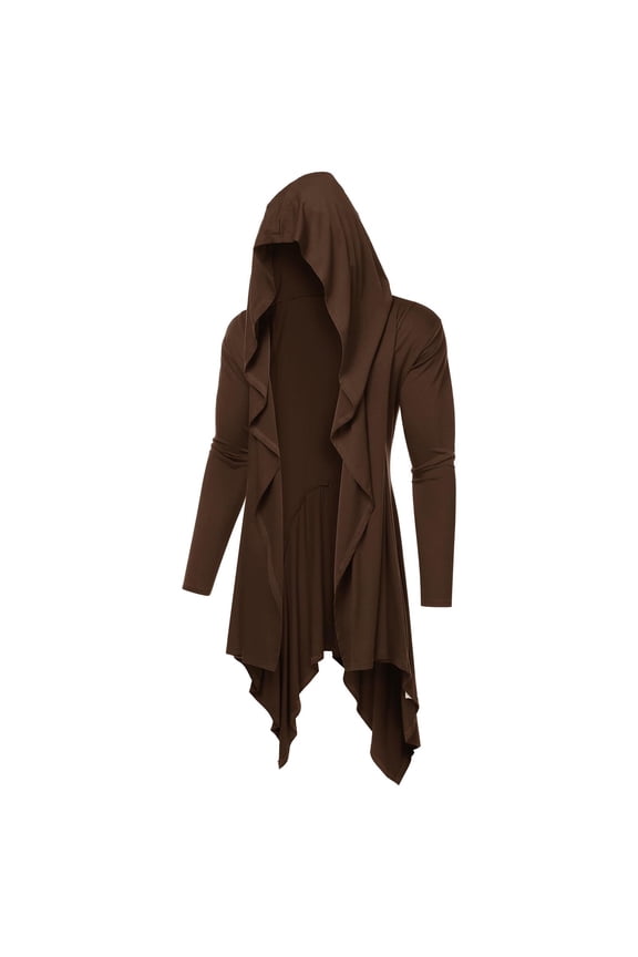 Mens Long Hooded Cardigan Ruffle Shawl Collar Open Front Lightweight Long Sleeve Drape Cape Overcoat Robe with Pockets Brown