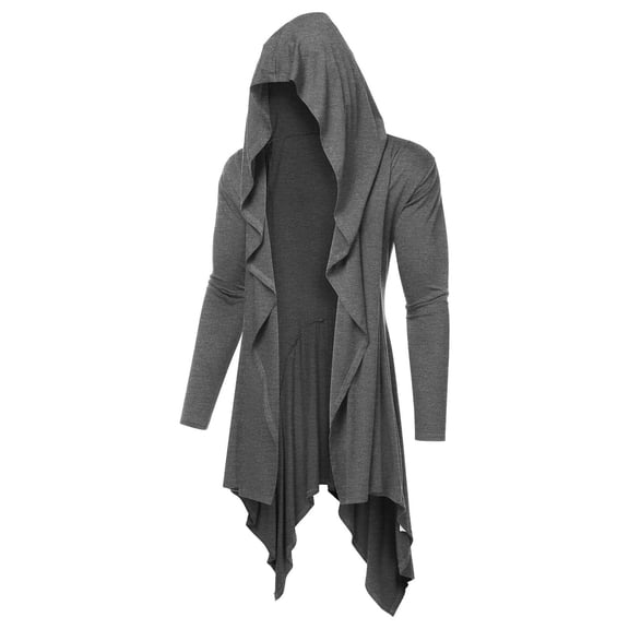 Wyobmus Mens Long Hooded Cardigan Ruffle Shawl Collar Open Front Lightweight Long Sleeve Drape Cape Overcoat Robe with Pockets Dark Gray