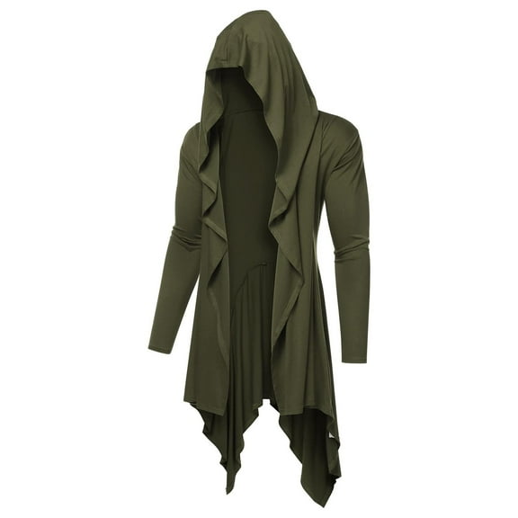 Wyobmus Mens Long Hooded Cardigan Ruffle Shawl Collar Open Front Lightweight Long Sleeve Drape Cape Overcoat Robe with Pockets Olive Green