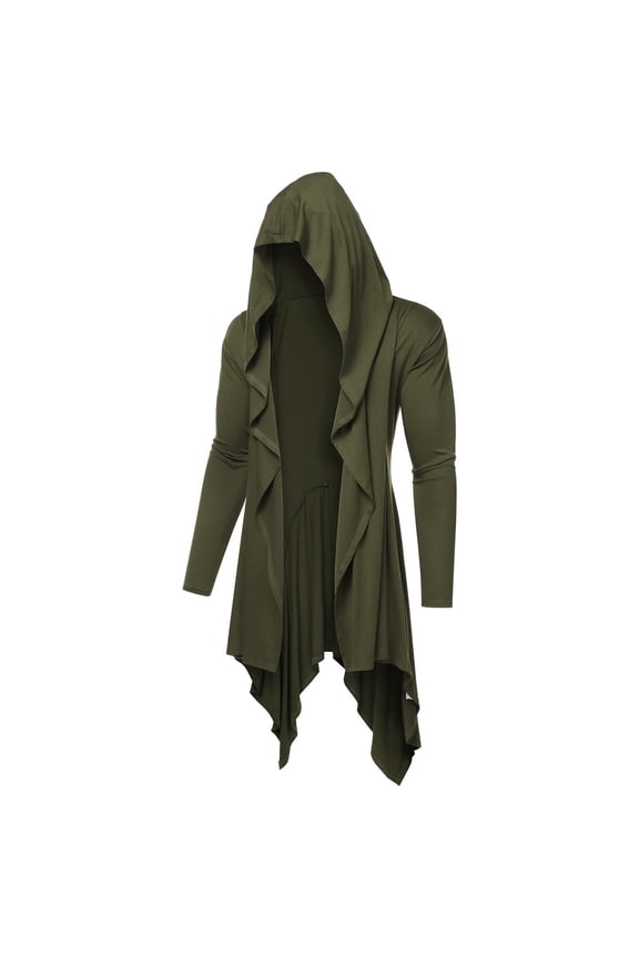 Mens Long Hooded Cardigan Ruffle Shawl Collar Open Front Lightweight Long Sleeve Drape Cape Overcoat Robe with Pockets Olive Green