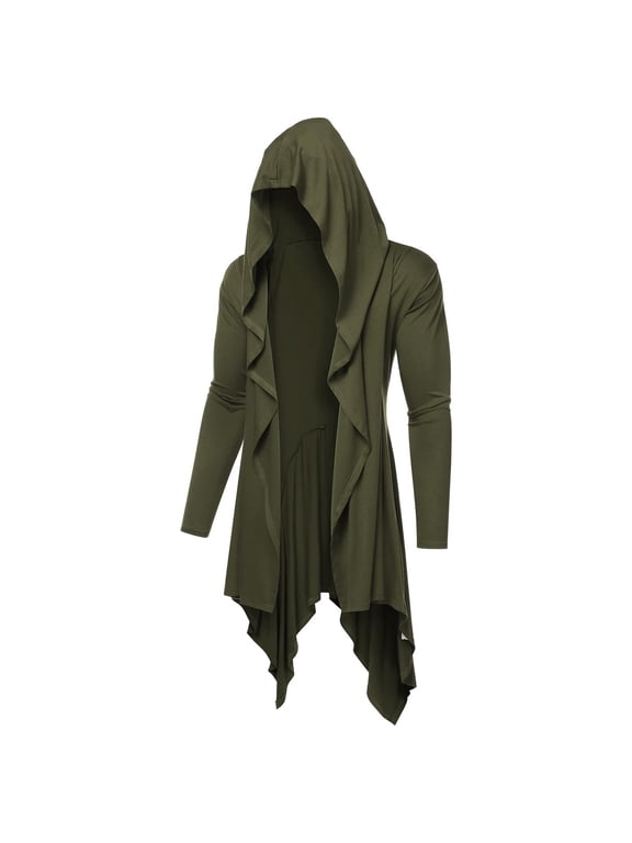 Mens Long Hooded Cardigan Ruffle Shawl Collar Open Front Lightweight Long Sleeve Drape Cape Overcoat Robe with Pockets Olive Green