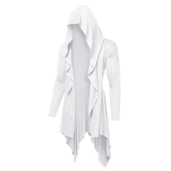 Wyobmus Mens Long Hooded Cardigan Ruffle Shawl Collar Open Front Lightweight Long Sleeve Drape Cape Overcoat Robe with Pockets White