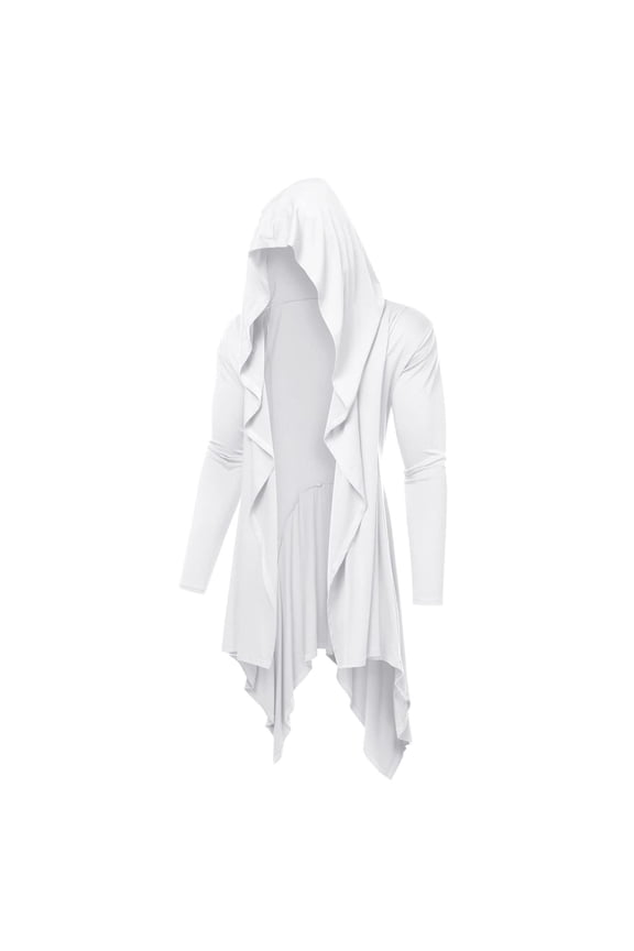Mens Long Hooded Cardigan Ruffle Shawl Collar Open Front Lightweight Long Sleeve Drape Cape Overcoat Robe with Pockets White