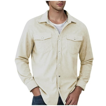 Wyobmus Mens Long Sleeve Corduroy Jacket Casual Solid Color Button Down Jacket Corduroy Cargo Outwear Coat Beige