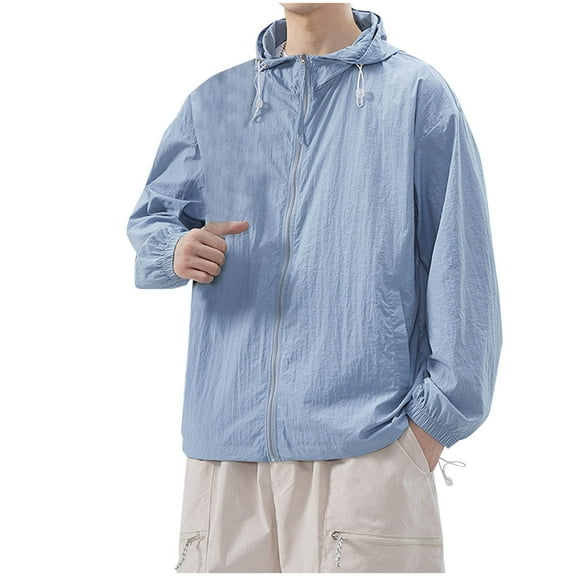 Wyobmus Mens Long Sleeve Hooded Jackets Sun Protection Clothing Solid Color Hooded Trendy Ice Silk Breathable Lightweight Jacket Light Blue