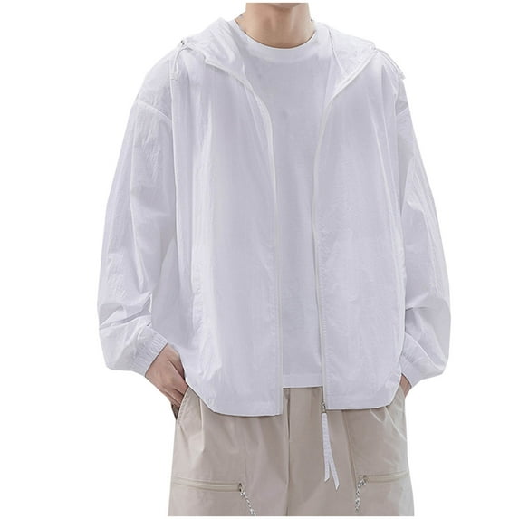 Wyobmus Mens Long Sleeve Hooded Jackets Sun Protection Clothing Solid Color Hooded Trendy Ice Silk Breathable Lightweight Jacket White