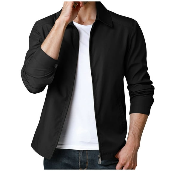 Wyobmus Mens Long Sleeve Jacket Lightweight Flip Collar Coats Casual Solid Color Zip Up Jackets Black