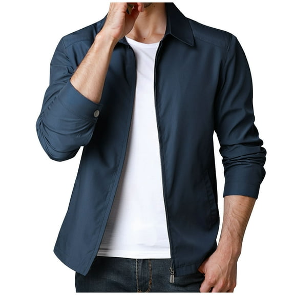 Wyobmus Mens Long Sleeve Jacket Lightweight Flip Collar Coats Casual Solid Color Zip Up Jackets Dark Blue