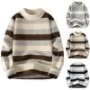 Wyobmus Mens Long Sleeve Sweaters Cozy Velvet Striped Pullover Sweaters Casual Crew Neck Knitted Jumpers Fall Winter Fashion Clothes Beige