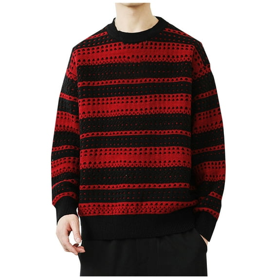 Wyobmus Mens Long Sleeve Sweaters Fashion Black Grey Striped Cable Knit Pullover Casual Crew Neck Jumper Tops Burgundy
