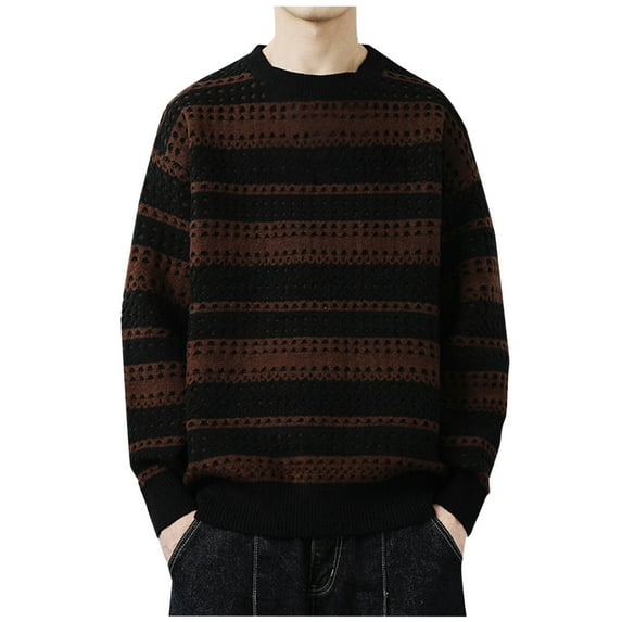 Wyobmus Mens Long Sleeve Sweaters Fashion Black Grey Striped Cable Knit Pullover Casual Crew Neck Jumper Tops Coffee