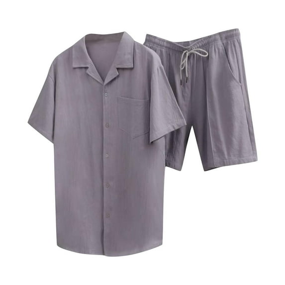 Wyobmus Mens Lounge Sets 2 Piece Outfits Linen Matching Suit Button Down Short Sleeve Shirts Loose Shorts Gray