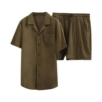 Wyobmus Mens Lounge Sets 2 Piece Outfits Linen Matching Suit Button Down Short Sleeve Shirts Loose Shorts Olive Green