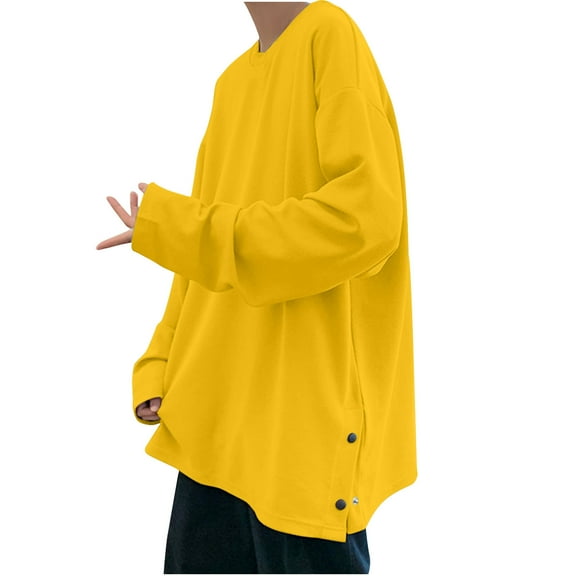 Wyobmus Mens Oversized Crewneck Sweatshirts Long Sleeve Side Bottom Slits Casual Solid Color Pullover Sweatshirt Tops M-5XL Yellow