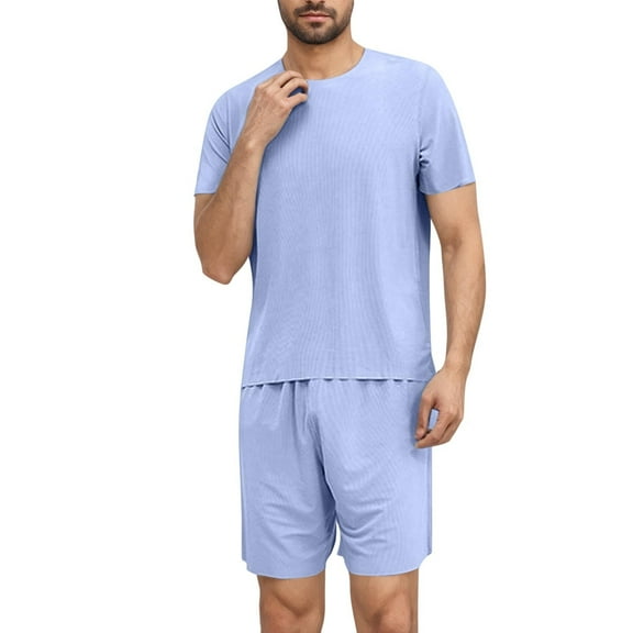 Wyobmus Mens Pajama Set Short Sleeve Summer Pjs With Pocket Lightweight 2 Pcs Soft Comfy Crewneck Nightwear Sleepwear S-3Xl Blue
