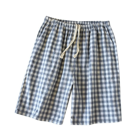 Wyobmus Mens Pajama Shorts Cotton Plaid Sleepwear Shorts Stretch Drawstring Pajama Bottoms With Pockets Blue