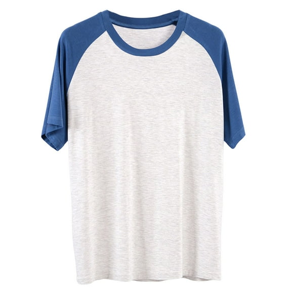 Wyobums Mens Pajama Tops for Size L-4Xl Comfy Raglan Sleepwear Casual Short Sleeve Color Blocked Pullover Round Neck Workout Tshirt Blue
