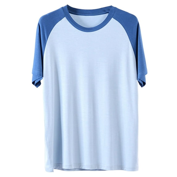 Wyobums Mens Pajama Tops for Size L-4Xl Comfy Raglan Sleepwear Casual Short Sleeve Color Blocked Pullover Round Neck Workout Tshirt Dark Blue