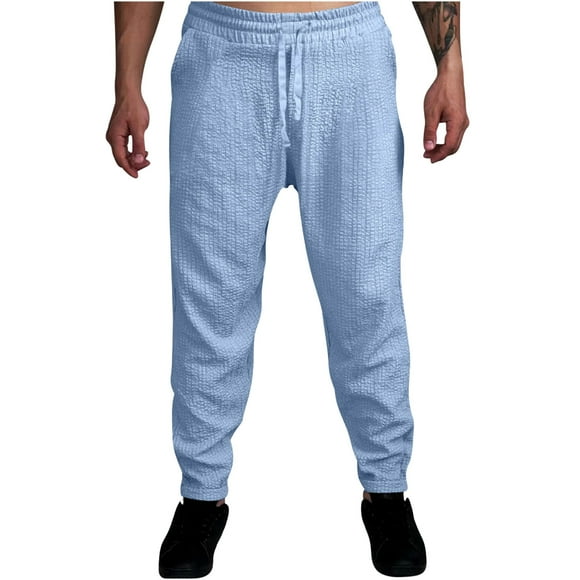 Wyobmus Mens Pleated Cargo Pants Plus Size Joggers Loose Solid Color Drawstring Tapered Pants,M-4Xl Light Blue