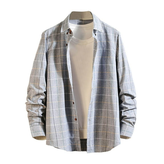 Wyobmus Mens Plus Size Button Down Shirts Loose Fit Long Sleeve Casual Plaid Shirt Lightweight Y2K Clothes Vintage Soft Lapel Preppy Shirt Gray
