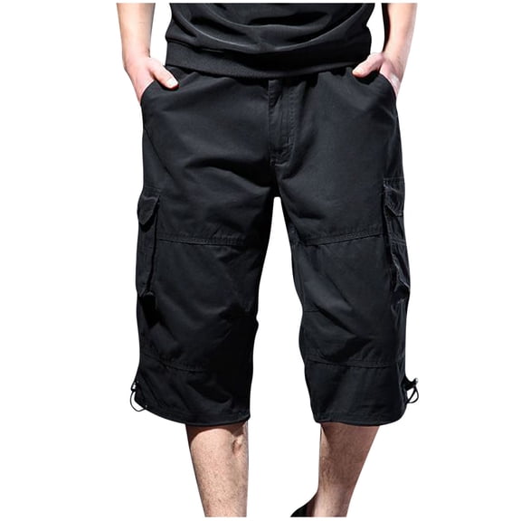 Wyobmus Mens Plus Size Capris Summer High Waist Hiking Shorts Heavyweight Solid Color Workwear Streetwear Shorts With Multi Pockets M-5X B-Black