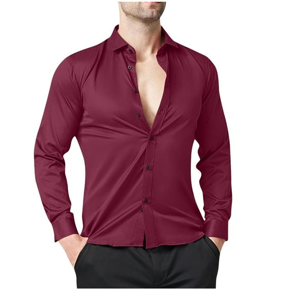 Wyobmus Mens Plus Size Long Sleeve Dress Shirts Regular Casual Solid Color Button Down Shirts S-3Xl Burgundy