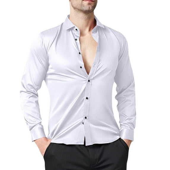 Wyobmus Mens Plus Size Long Sleeve Dress Shirts Regular Casual Solid Color Button Down Shirts S-3Xl White