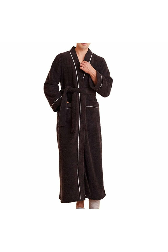 Mens Plush Fleece Robe Heavyweight Warm Bathrobe Fuzzy Flip Collar Spa Long Robe Brown