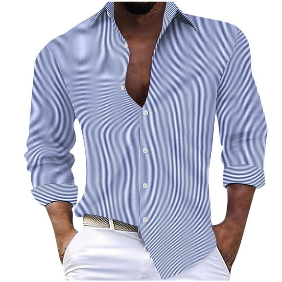 Wyobmus Mens Regular FiT-Shirts Casual Stripe Lapeled Button Down Long Sleeve Shirt Blouses Blue