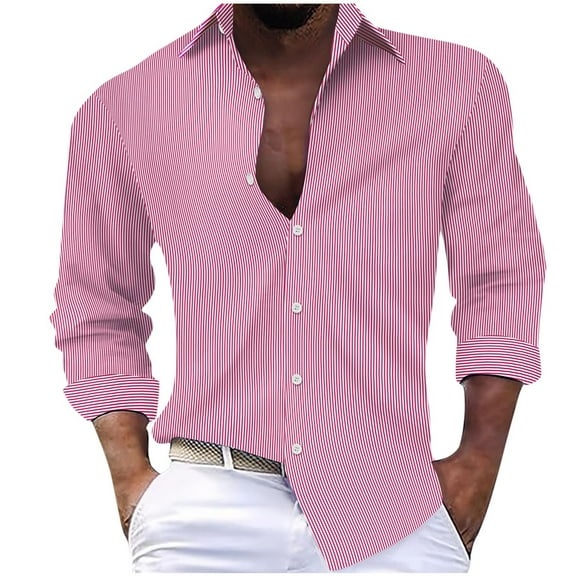 Wyobmus Mens Regular FiT-Shirts Casual Stripe Lapeled Button Down Long Sleeve Shirt Blouses Burgundy