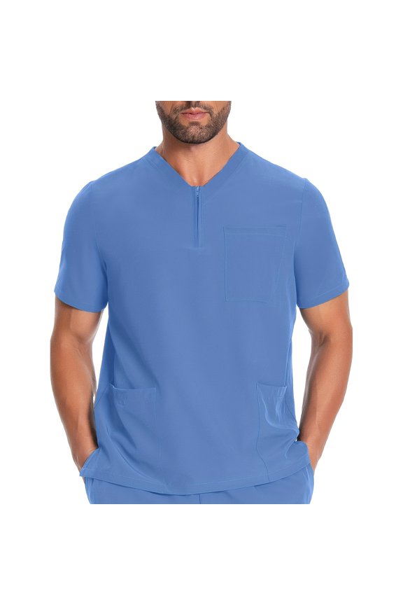 Mens Scrub Tops Short Sleeve V Neck Nursing Tops with Utility Pockets Solid Color Nurse Uniform Work Shirt Blue