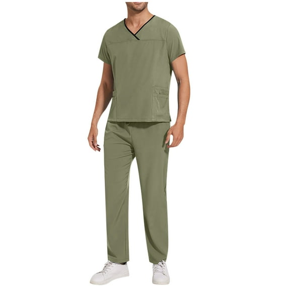 Wyobmus Mens Scrubs Set Classic Short Sleeve V Neck Side Slit Stretch Top & Straihgt Fit Work Pants 8 Pockets S-2Xl Green