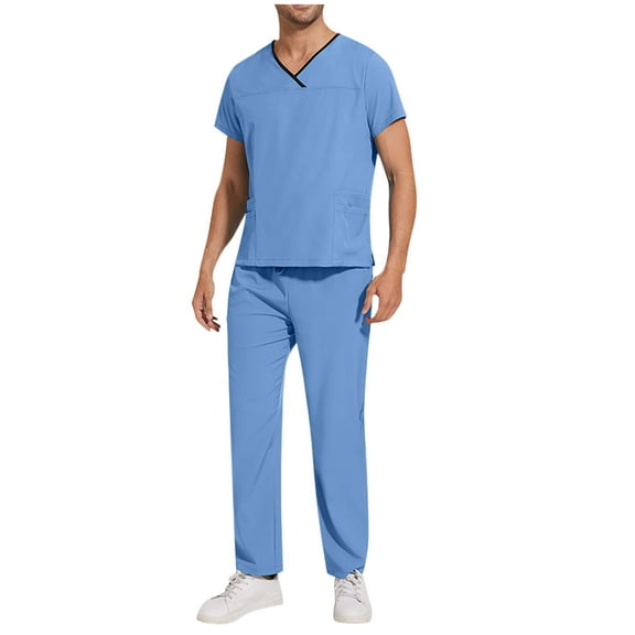 Wyobmus Mens Scrubs Set Classic Short Sleeve V Neck Side Slit Stretch Top & Straihgt Fit Work Pants 8 Pockets S-2Xl Sky Blue