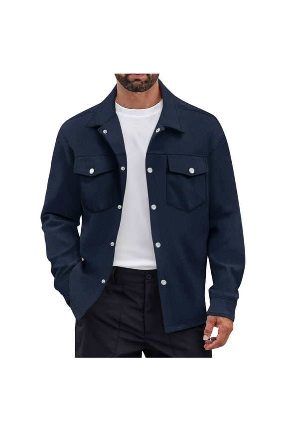 Mens Shirt Button Down Jacket Cardigan Casual Solid Color Turndown Collar Shacket With Pockets Long Sleeve Navy