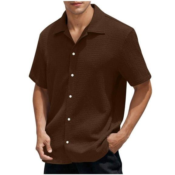Wyobmus Mens Shirt Short Sleeve Front Button Down Shirt Summer Solid Ripple Pealted Collared Cardigan Shirts With Pocket S-2X A-Coffee