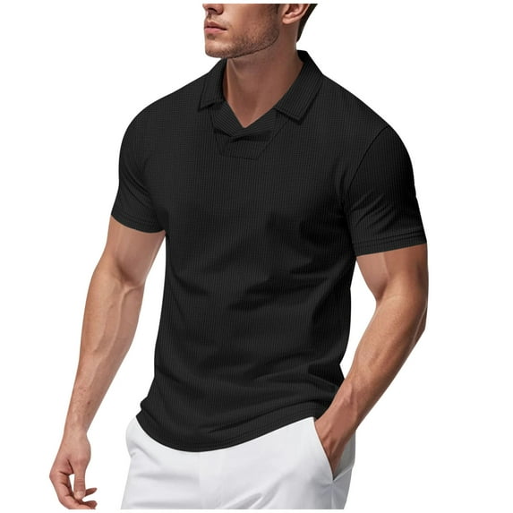 Wyobmus Mens Shirts Short Sleeve V Neck Summer T Shirts Casual Loose Fit Waffle Textured Workout Shirts Black