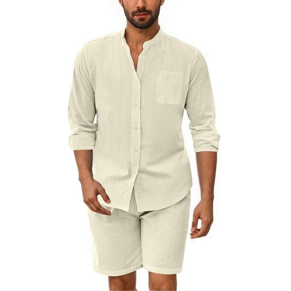 Wyobmus Mens Short Sets 2 Piece Lounge Set Cotton Linen Outfits Button Down Henley Shirt Suits Beige