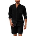 thumbnail image 1 of Wyobmus Mens Short Sets 2 Piece Lounge Set Cotton Linen Outfits Button Down Henley Shirt Suits Black, 1 of 4