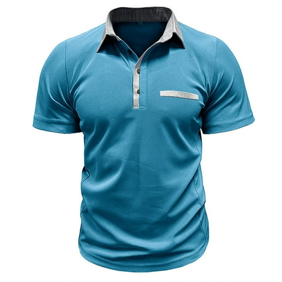 Wyobmus Mens Short Sleeve SporT-Shirts Casual Fashion Button Up Colorblock Collared T-Shirts With Pocket C-Sky Blue