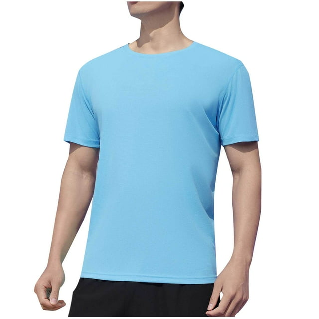 Wyobmus Mens Short Sleeve Tee Shirts Dry Fit Stretch Active Crew Neck T Shirt Bodybuilding Running Gym Workout Tee Tops S-4X Light Blue
