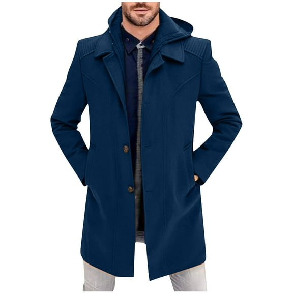 Wyobmus Mens Single Breasted Trench Coat Slim Fit Notched Lapel Long Peacoat Classic Casual Winter Overcoat Blue