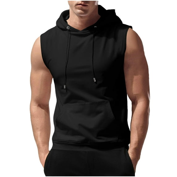Wyobmus Mens Sleeveless Hooded Sweatshirts Summer Casual Solid Color Hooded Tank Tops Bodybuilding Muscle Sport Shirts Black