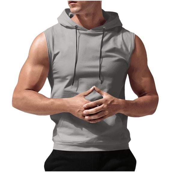 Wyobmus Mens Sleeveless Hooded Sweatshirts Summer Casual Solid Color Hooded Tank Tops Bodybuilding Muscle Sport Shirts Gray